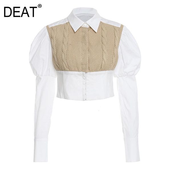 

deat women khaki knitting stitch short blouse new lapel long sleeve loose fit shirt fashion tide spring autumn 2020 1da834, White