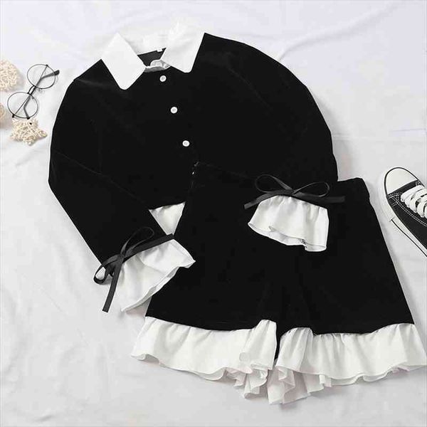 

korean fashion women ruffled shirt mini shorts sets 2pc girl retro black white blouse amp high waist pants suits two-piece sets t386