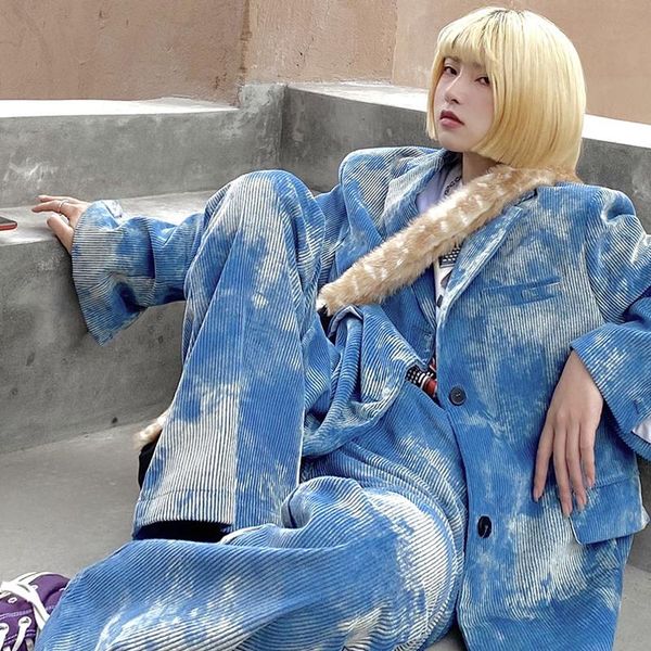 

suit women retro chic tie-dye coat jacket casual pants fashion two-piece autumn winter tide polyester regular notched, White