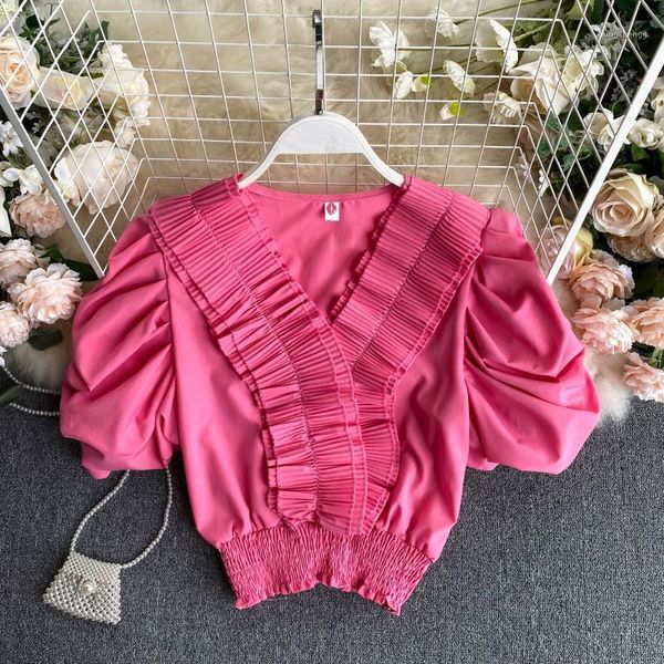 

popular women pleated short design v-neck puffy sleeve summer short chic ruffled, White