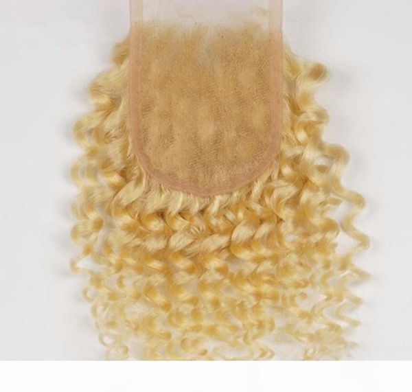 

brazilian blonde 4x4 lace closure bleached knots with baby hair kinky curly #613 pure color brazilian human hair lace frontal closures, Black;brown