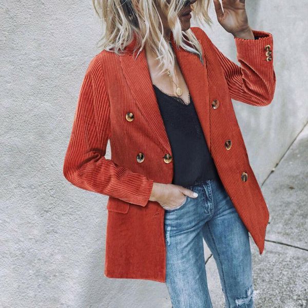 

women ladies double breasted casual blazer coat solid corduroy loose slim casual jacket coat 2020 autumn new1, White;black