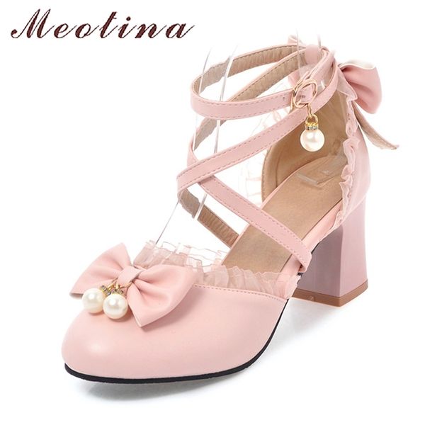 

meotina high heels 2019 women lolita shoes ankle strap pumps spring bow pearls lace shoes high heels party shoes big size 43 44 t200525, Black