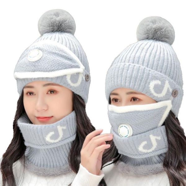 

3pcs womens winter scarf set with filter thickend knitted hat scarf face cover outdoor comfortable warm, Blue;gray