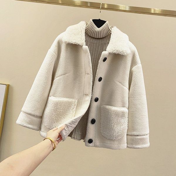 

g.e.rscience winter thicken warm fur jacket coat women casual fashion lamb faux fur overcoat fluffy cozy loose lady outerwears, Black