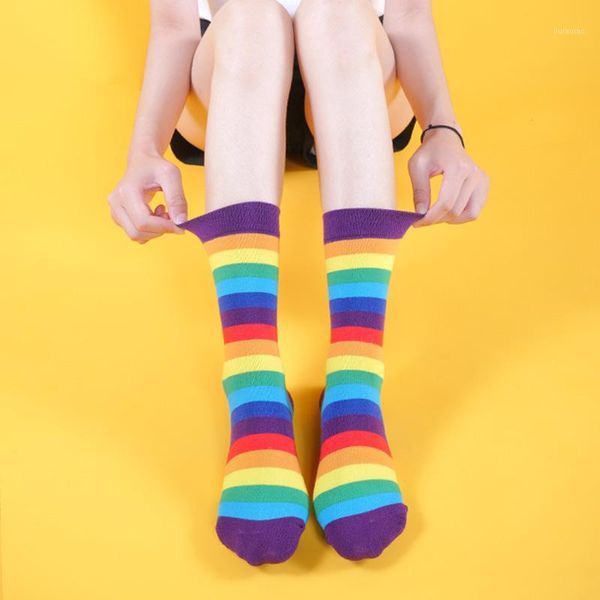

fashion streetwear striped rainbow socks women japanese style tube socks hip hop for autumn 3721, Black;white