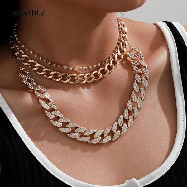 

chains ingesight.z multi layered full iced out rhinestone miami curb cuban choker necklaces goth gothic crystal chain jewelry, Silver