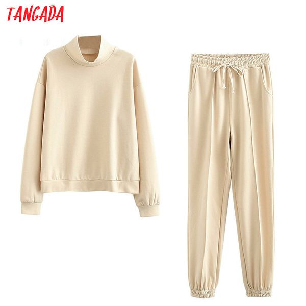 

tangada autumn women khaki 100 cotton turtleneck sweatshirt terry strethy waist sweatpant suit set casual outfits 6l22 201008, White