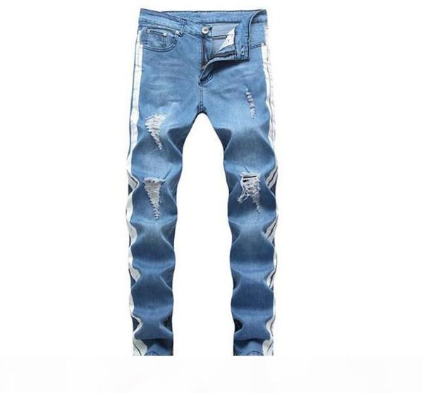 

mens designer jeans fashion street style washed ripped holes pencil pants long trousers hommes pantalones designer pants for men, Blue