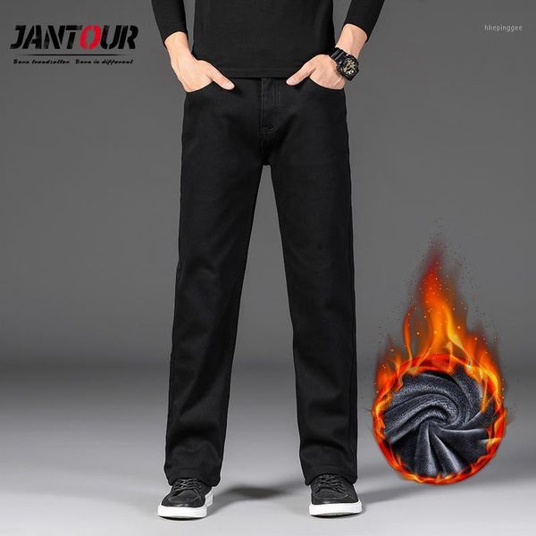 

men's jeans jantour brand 2021 men's fashion autumn winter plus cashmere business casual straight stretch black jeans1, Blue