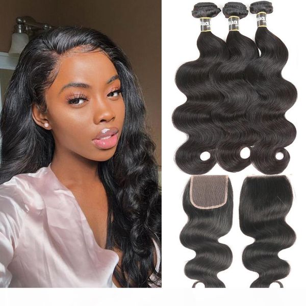 

30 inch brazilian body wave bundles with closure brazillian remy human hair weave 3 4 bundles with closure, Black