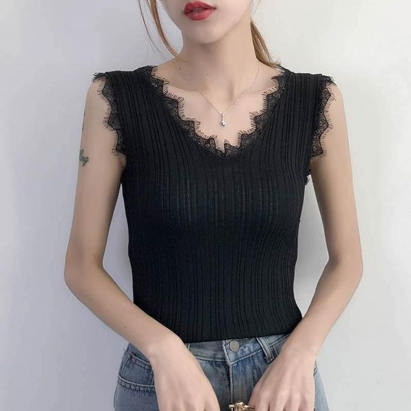 

spring and summer new style large size knit camisole lace v-neck ladies vest temperament fashion bottom vest1, White