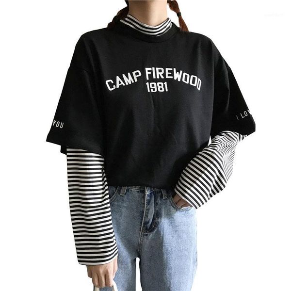 

women's t-shirt 2020 summer letter print striped patchwork female t-shirts long sleeve o-neck korea style harakuju tees1, White