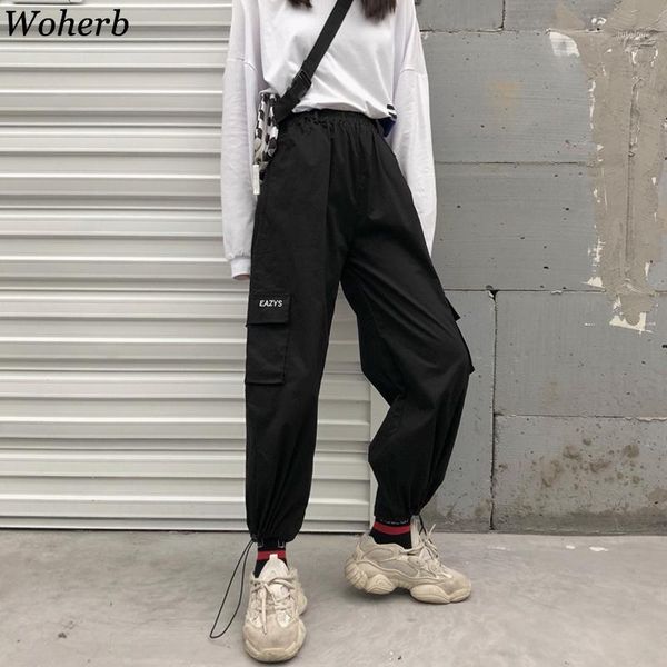 

woherb pockets cargo pants women high waist loose streetwear pants baggy tactical trouser hip hop cargo joggers 20201, Black;white
