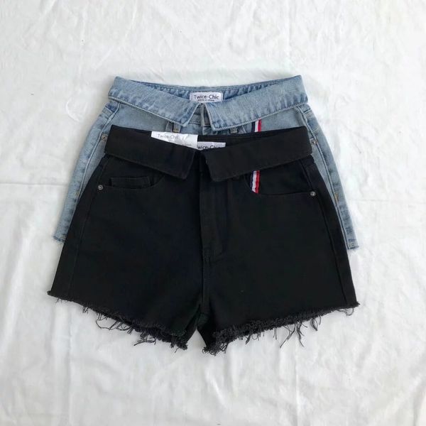 

wind 2019 summer new women's wear fold over raw ee high waist denim shorts fashionable loose wide leg pants, Blue