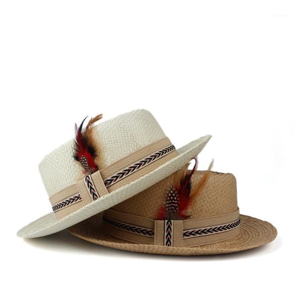 

wide brim hats summer raffia straw pork pie hat womem men sunbonnet sun lady flat feather beach panama sunhat fascinator size 57-60cm1, Blue;gray