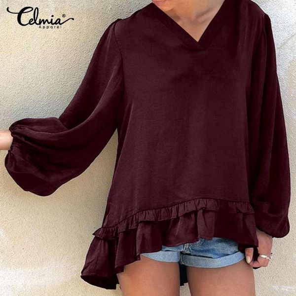 

celmia party elegant women blouse 2020 fashion long lantern sleeve shirt autumn plus size v-neck solid blusas casual tunic 1, White