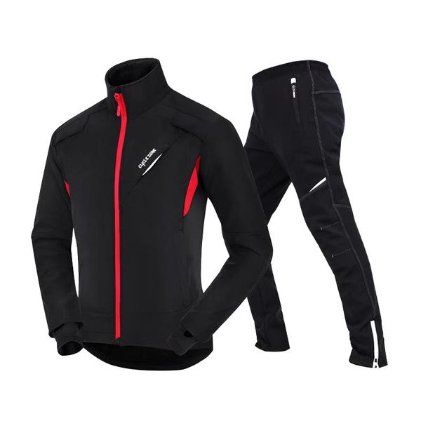 

winter men women cycling jersey set thermal fleece bike jacket pant suit waterproof windproof reflective sport cycling clothing, Black;blue