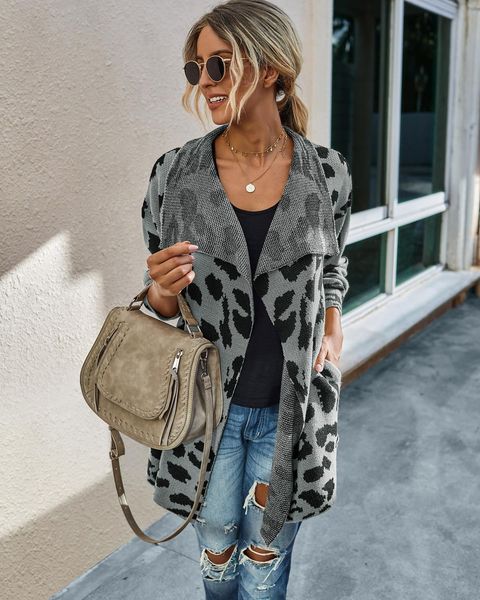 

2021 new womens mid long lapel neck print front outerwear fu29, White;black