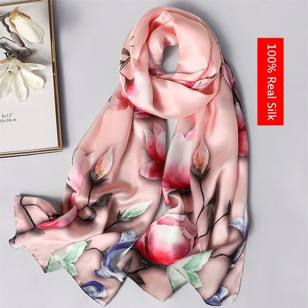

100% real silk scarf women flower and bird pattern shawls wrap ladies long soft pashmina foulard femme winter scarf t200818, Blue;gray