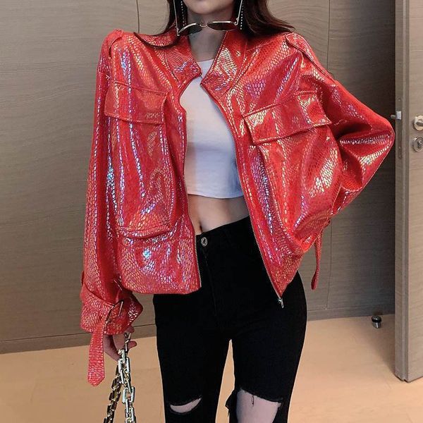 

2021 new winter short patent leather female korean high street women outerwear pu biker jacket spring warm ladies fashion uj9x, Black