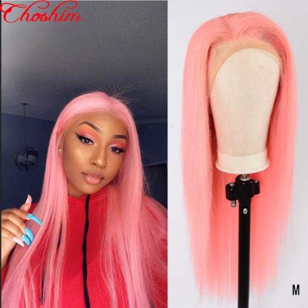 

brazilian pink color hd transparent 13x6 lace front human hair wig choshim straight remy hair glueless pre plucked for women, Black;brown