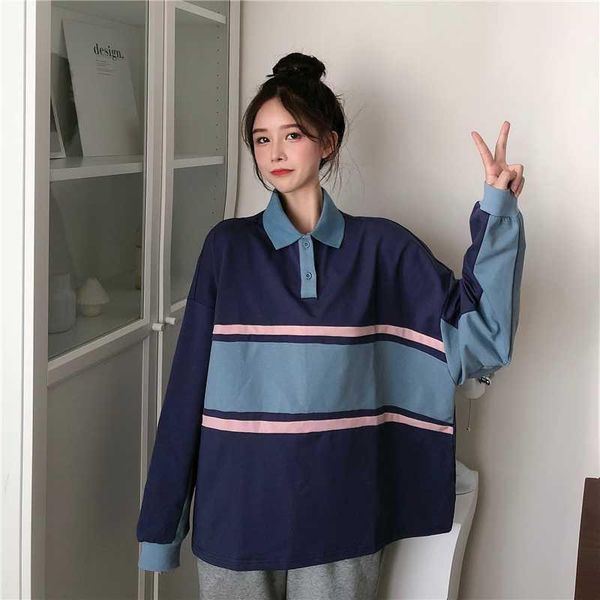 

striped long-sleeved women's college style sweatshirt 2020 new contrast loose student shirt sweatshirt1, Black