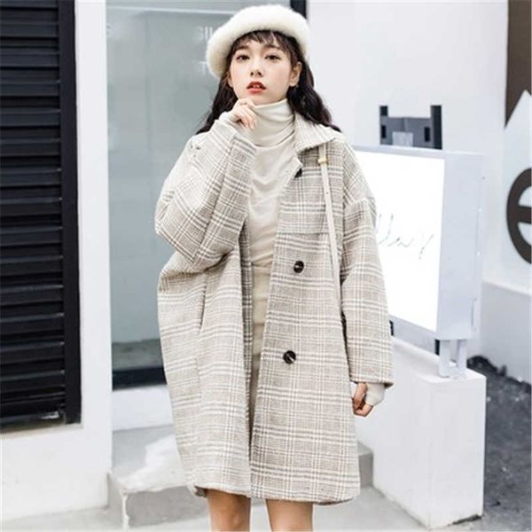 

women women's plaid coat loose elegent wool jacket autumn winter female woolen coats 2020 new overcoatj964, Black