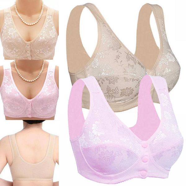

middle-aged women embroidered flower full cup bra front button cotton blended vest-style underwear pregnant wirebreathable, Red;black