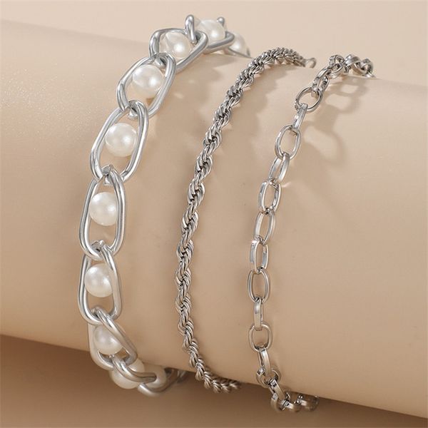 

2021 new 3pcs/set fashion silver women bracelets simulated pearl link chain bangles jewelry friend gift, Black