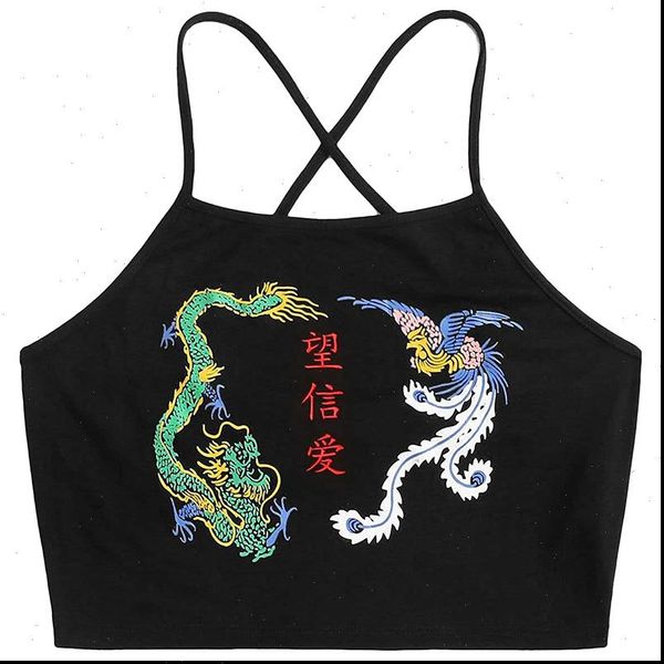 

2021 women black fitness casual fashion sleeveless cropped crop polyester dragon pattern vest drop shipping, White