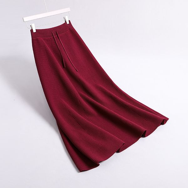 

2021 new autumn high waist knitted long stretch vintage women a-line thick winter skirt black jupe femme saia u24j