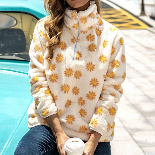 

oeak 2020 harajuku fluffy hoodie floral print women zip up faux fur autumn winter fleece sweatshirt warm hoody ladies pullover