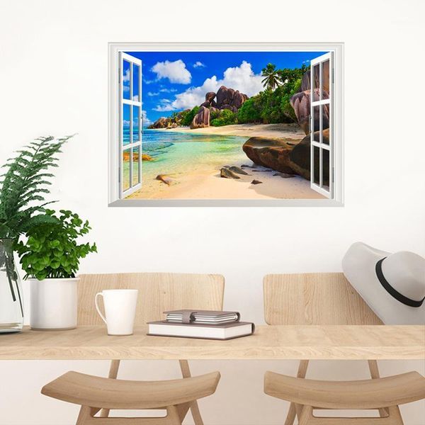 

wall stickers 3d window view sea beach for home decor living room pvc decoration accessories mural art diy landscape decals1