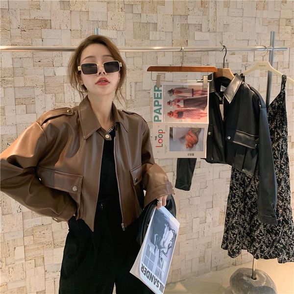 

new arrival 2021 brand winter autumn motorcycle leather jackets black leather jacket women coat slim pu jacket, Black;brown