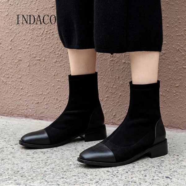 

женщины сапоги зимние кожаные лоскутная ботильоны квадратный носок толстый каблук stretch бархата короткие, Black