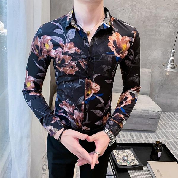 

men's casual shirts spring autumn korean style fashion boutique floral print slim fit long sleeve men shirt party dress camisa homem, White;black