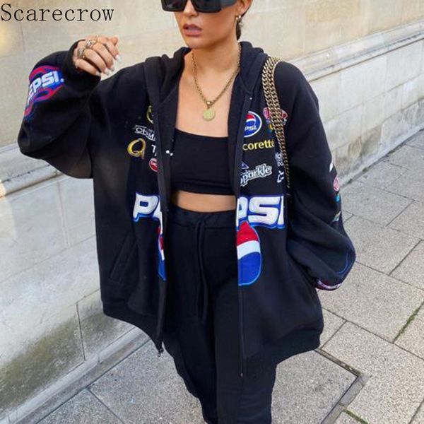 

autumn and winter women casual loose long sleeve hooded jacket letter printed jackets oversized jacket coat women sweatershirts 201126, Black;brown