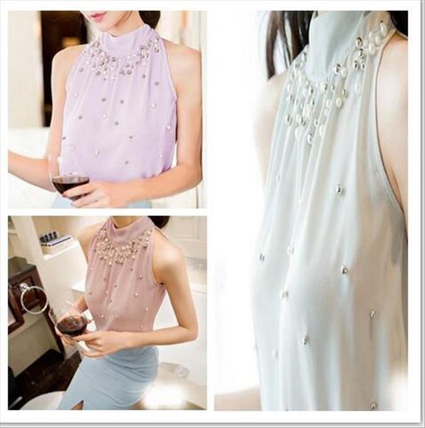 

summer women beading chiffon blouse sleeveless office lady pearl turtleneck shirt korean women plus size s 3xl pink white