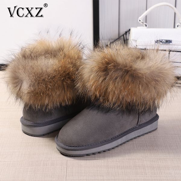 

vcxz the new fashion girls fox fur ankle winter cowhide leather boots for women genuine leather wool fur lined warm snow boots 201031, Black