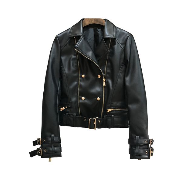 

2020 spring women's leather jacket buttons double zippers motorcycle biker faux leather jacket coat size s, Black