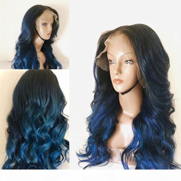

ombre blue body wave 360 lace frontal human hair full lace wigs for women preplucked hairline 13x6 deep part lace front wigs, Black
