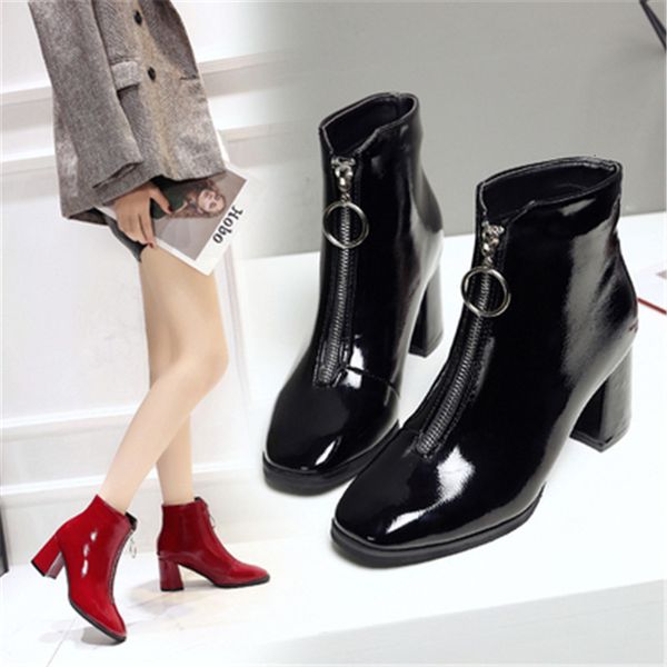 

fashion 2021 new woman front big open thick winter heels high leather boots black red 0515