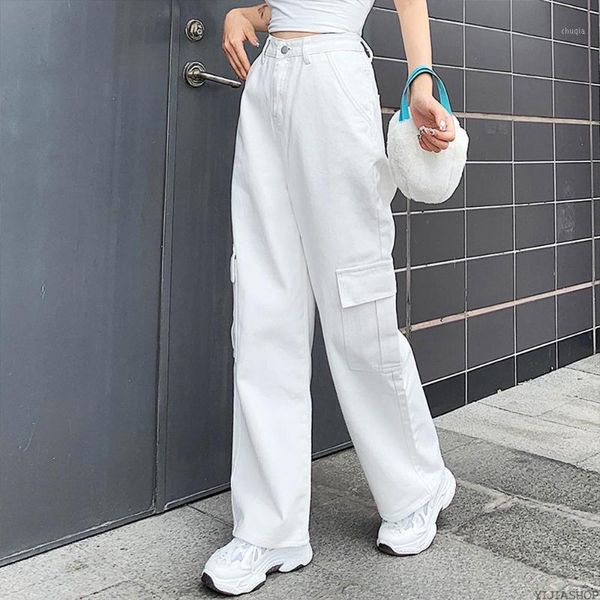 

new pocket patchwork high waist jeans women streetwear straight jeans blue cotton overalls1