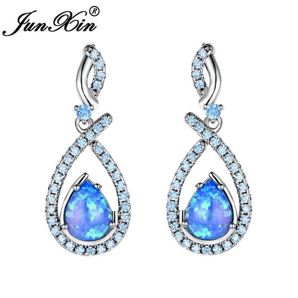 

junxin white gold filled pear dangle drop earrings for women cz mystic teardrop stone blue white fire opal earrings jewelry, Silver