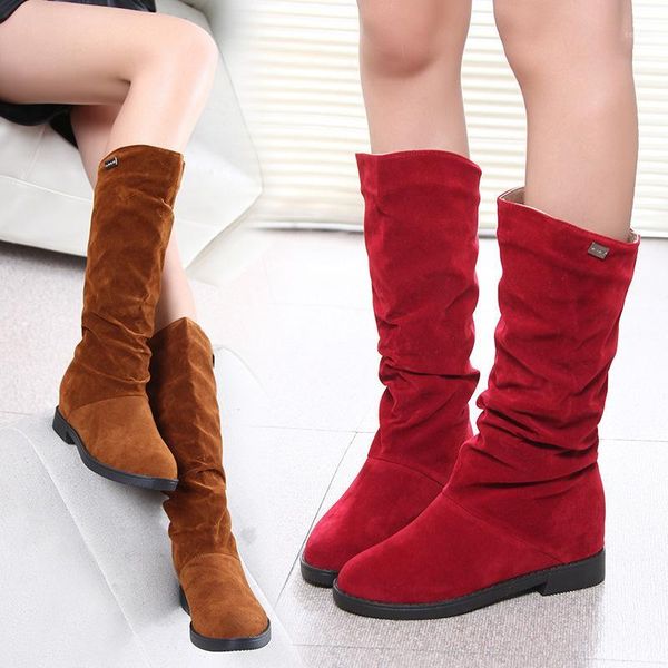 

boots slip-on solid fashion round toe long for women knee-high casual sewing autumn winter low flat with flock shoes1, Black