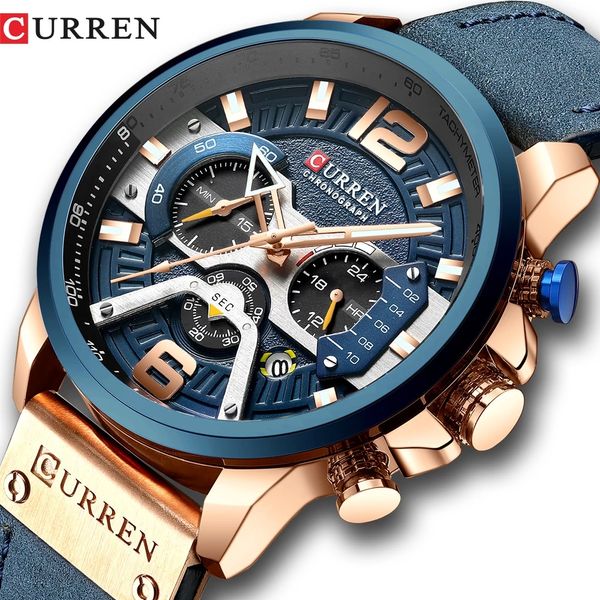 Curren Casual Spor Saatler Erkekler Için Mavi Üst Marka Lüks Askeri Deri Bilek İzle Adam Saat Kuvars Moda Chronograph Kol Saati