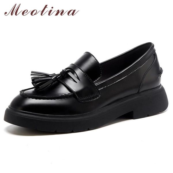 

meotina high heels women pumps natural genuine leather fringe thick heels loafers shoes cow leather round toe shoes lady size 39, Black
