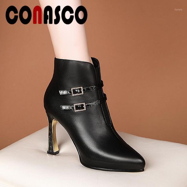 

conasco elegant women ankle boots autumn winter new buckle shoes woman thin heels office genuine leather pointed toe zip boots1, Black