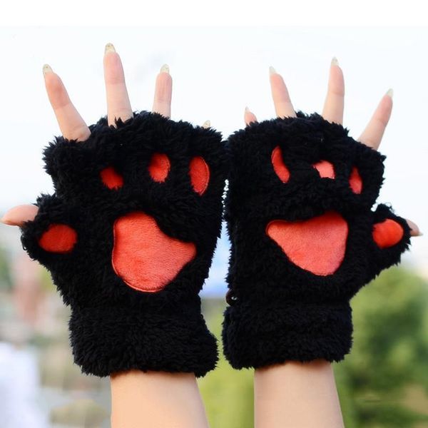 

five fingers gloves 1 pair women cute cat claw plush mittens warm soft short fingerless lovely fluffy bear half, Blue;gray